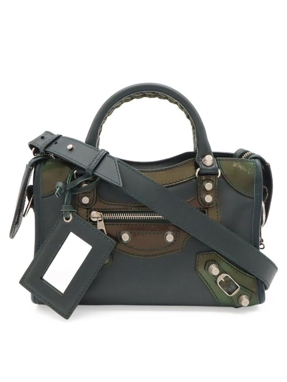 Balenciaga Giant Mini City Handbag 2-Way Shoulder Leather Patent Dark Green